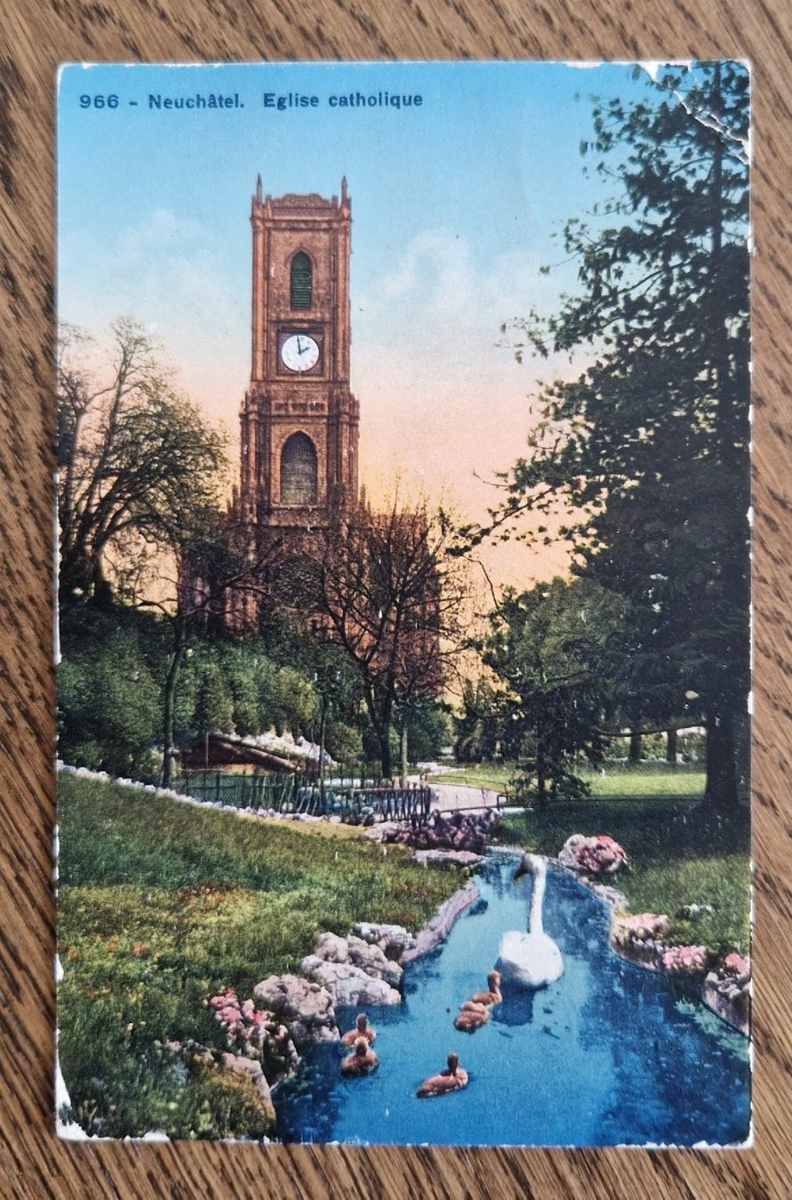 Ansichtskarten: Neuchâtel, Eglise catholique 1927  – Gebraucht aus Ebikon von Donar50