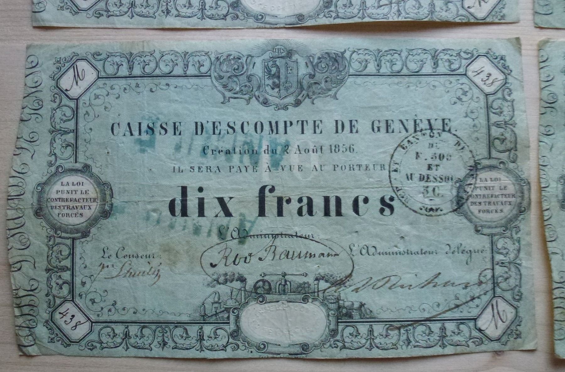 Banconote: Geneve ++ Lot 4x 10 Franken 1856 – Usato da Walkringen venduto da Casablanca777 3