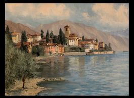Ölgemälde E. Rüttimann, Dorf am See