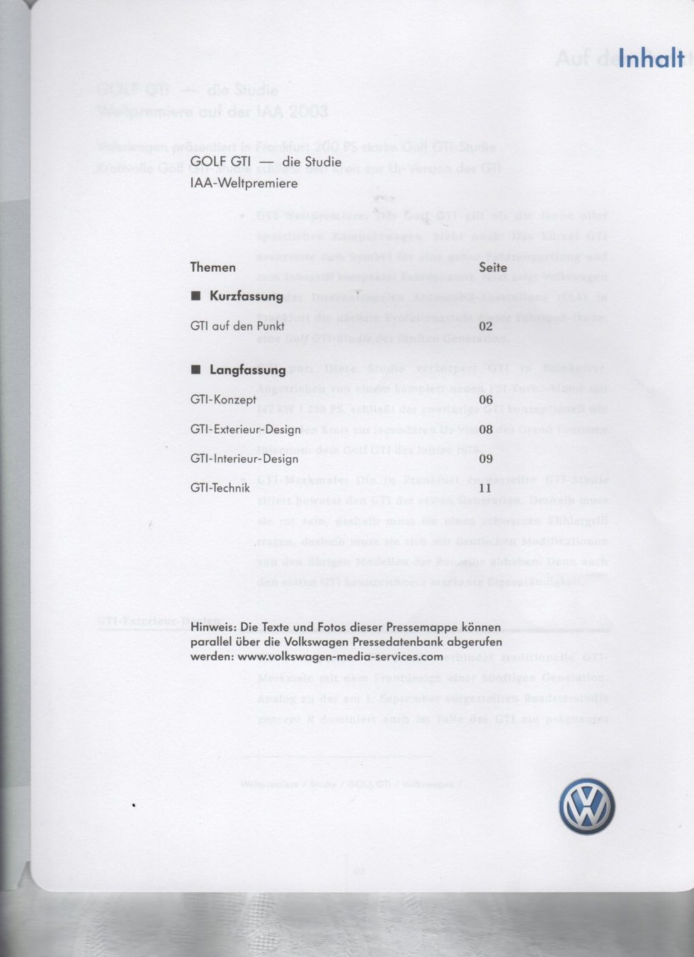 VW Documenti: Pressemappe Golf GTI Studie IAA 2003 – Usato da Corminboeuf venduto da corbay 2