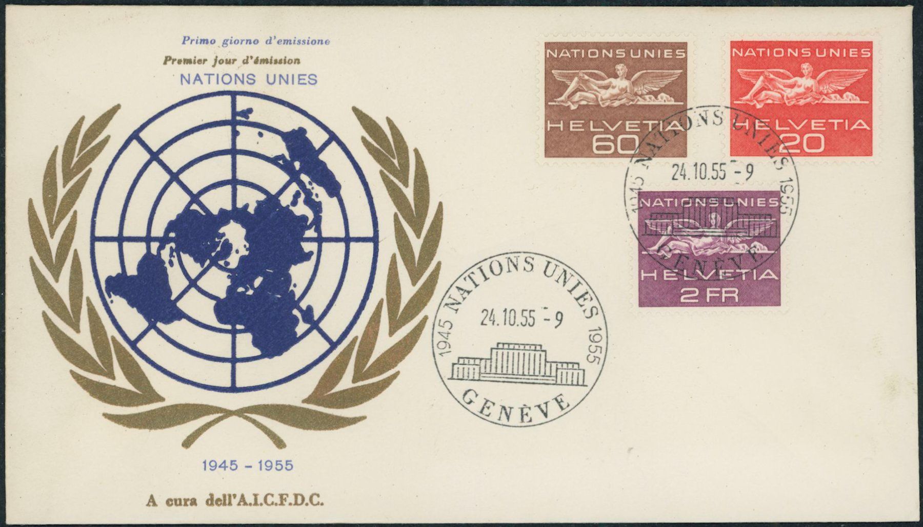 Tutti i francobolli: 1955 - Genfer Aemter - ONU - Ersttagsbrief FDC ET – Usato da Schindellegi venduto da leecollect