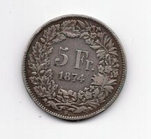 (1186) Schweiz, 5 Franken, 1874 B. ss+, Silber