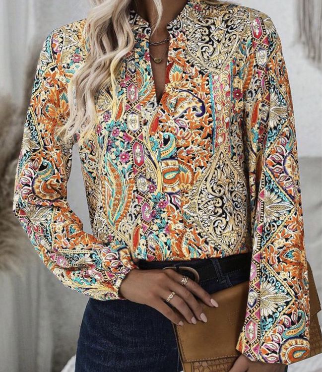 Damen Mehrfarbige Paisley-Bluse - Durchgeknöpft mit Puffärmeln