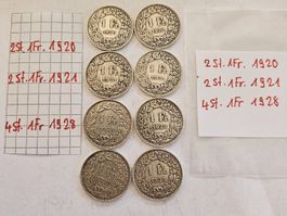 Einfränkler Set 8 Stück, 1920, 1921 und 1928