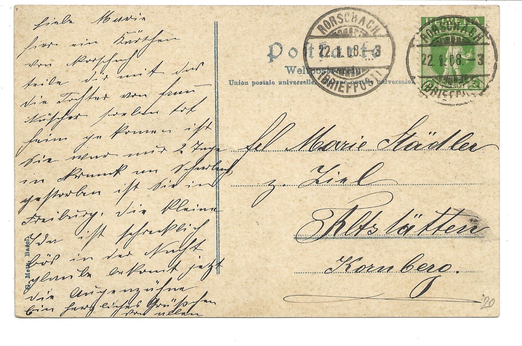 Cartoline postali: Rorschach (SG) Kronenplatz - Rössli - Schwarzer Adler - 1908 – Usato da Engelburg venduto da Cartophil 1