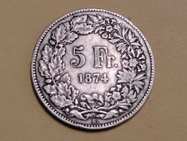 Schweiz 5 Franken Sitzende Helvetia 1874 B. Silber