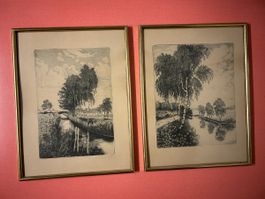 Radierung Landschaft mit Bäumen und Fluss signiert, 2 Stück