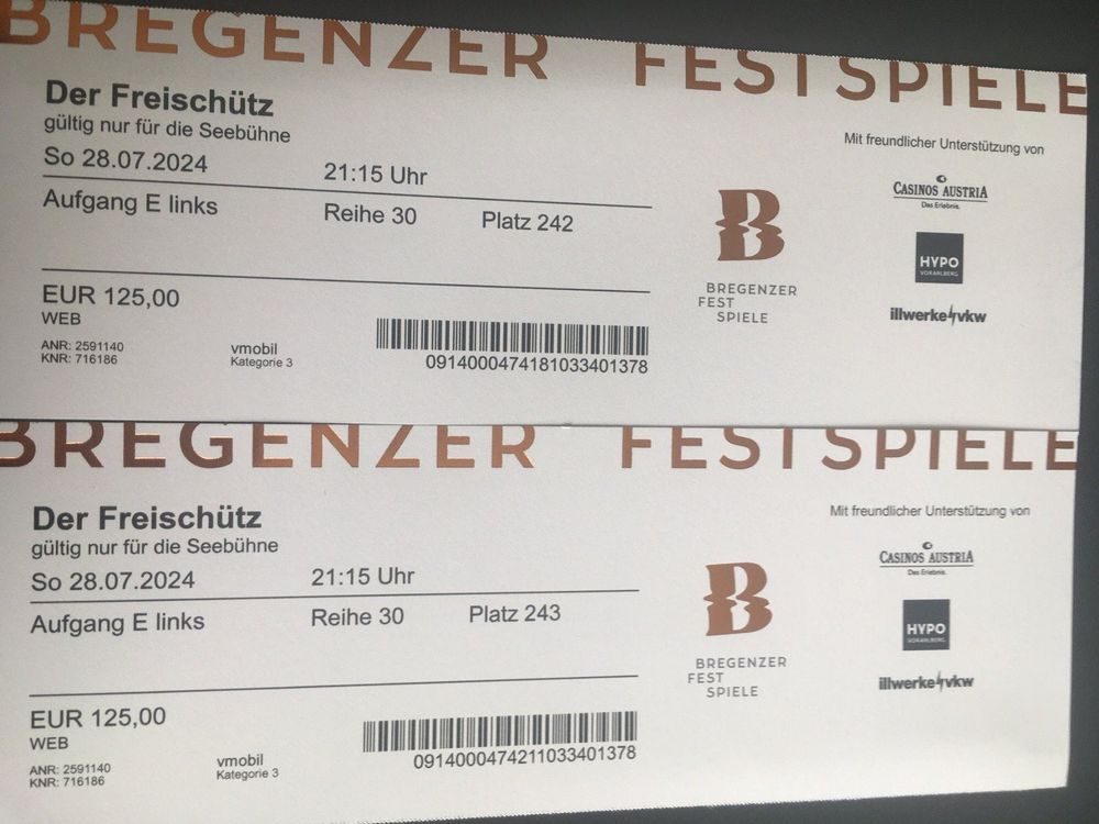  Karten für Bregenzer Festspiele Der Freischütz 28.07.24 