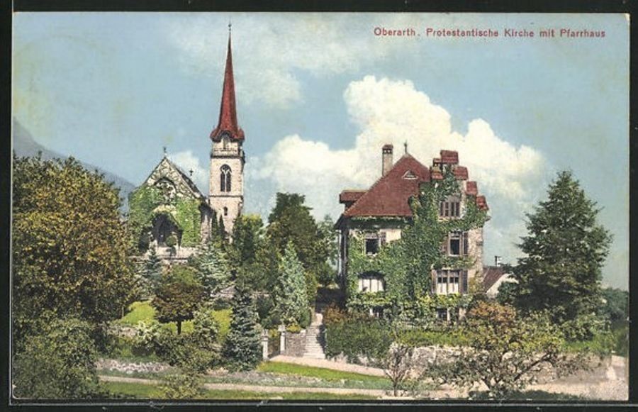 Ansichtskarten: Oberarth, protestantische Kirche mit Pfarrhaus, koloriert – Gebraucht aus Frauenfeld von POML