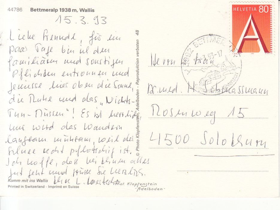 Cartoline postali: Bettmeralp 1993 – Usato da Bürglen TG venduto da StampGraf 1