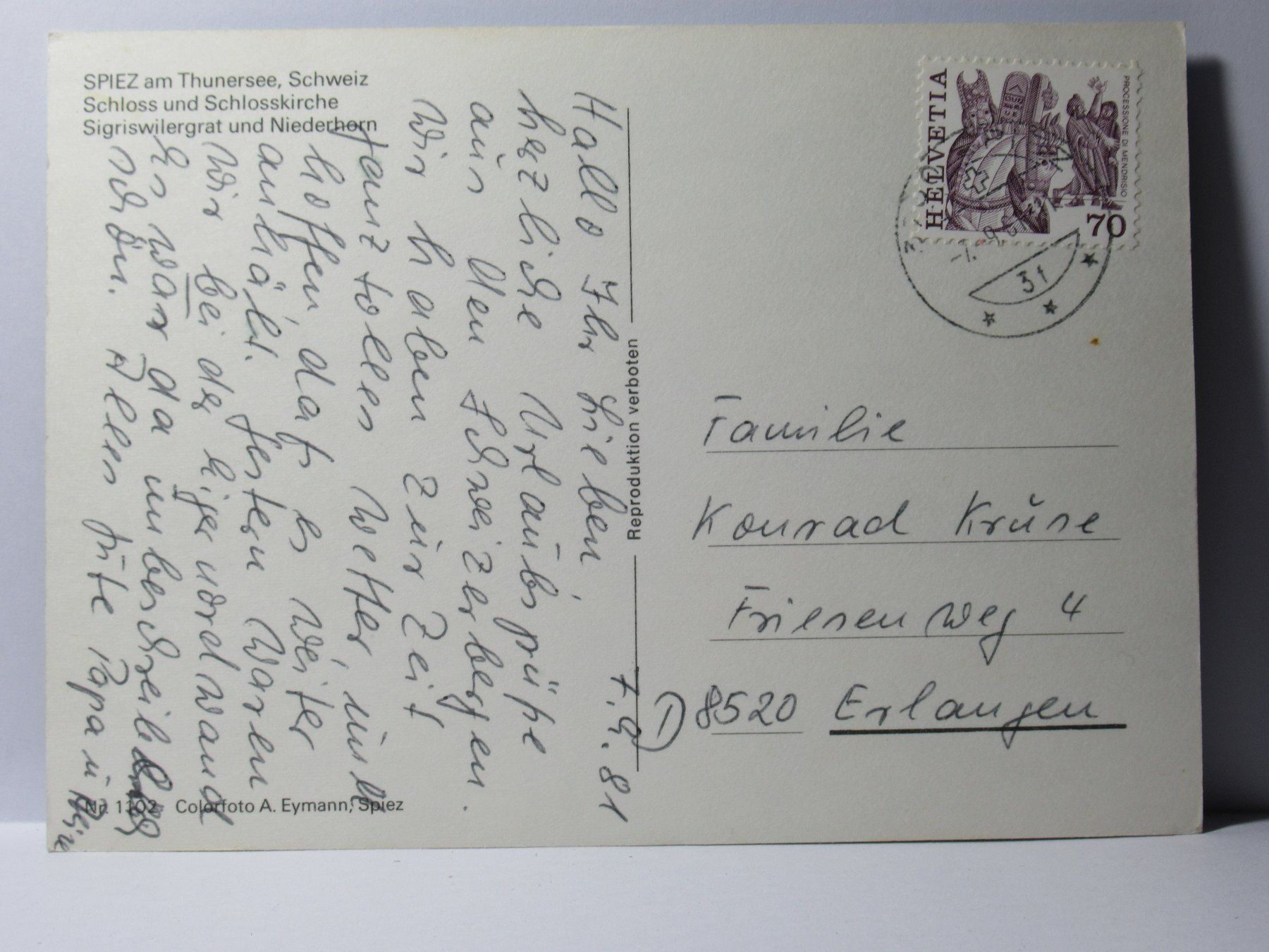 Ansichtskarten: Spiez , Schloss 1981 – Gebraucht aus Grenchen von Bluemchen1900 1