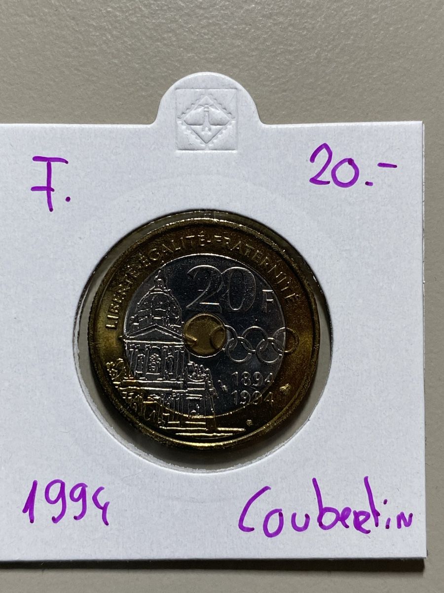Toutes les monnaies: France - 20 francs - Coubertin 1994 – D'occasion à Payerne par Mike1682