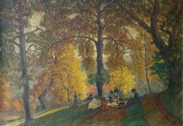 Ölbild, Picknick im Herbstwald, Mario Bertola