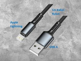 Kabel USB A auf Lightning (I Phone), 1m mit Nylonmantel