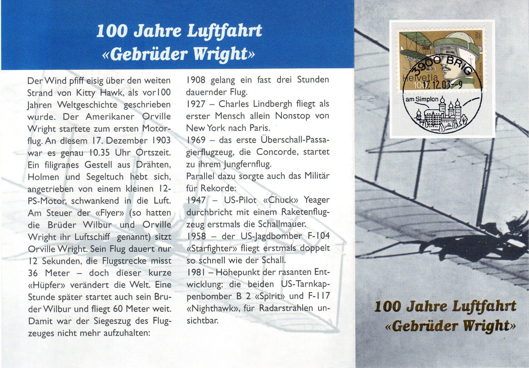 Tutti i francobolli: GEDENKFOLDER 100 JAHRE LUFTFAHRT GEBRÜDER WRIGHT 2003 - FL8 – Nuovo (secondo la descrizione) da Losone venduto da EM2019 2