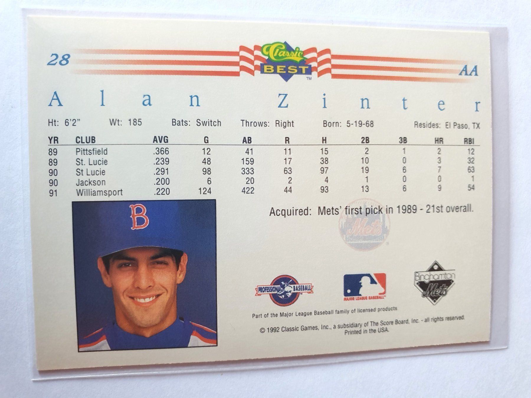 MLB Carte collezionabili: Alan Zinter 1992 MLB Baseball Card Karte – Usato da Oberdorf BL venduto da BaldenEagle 1