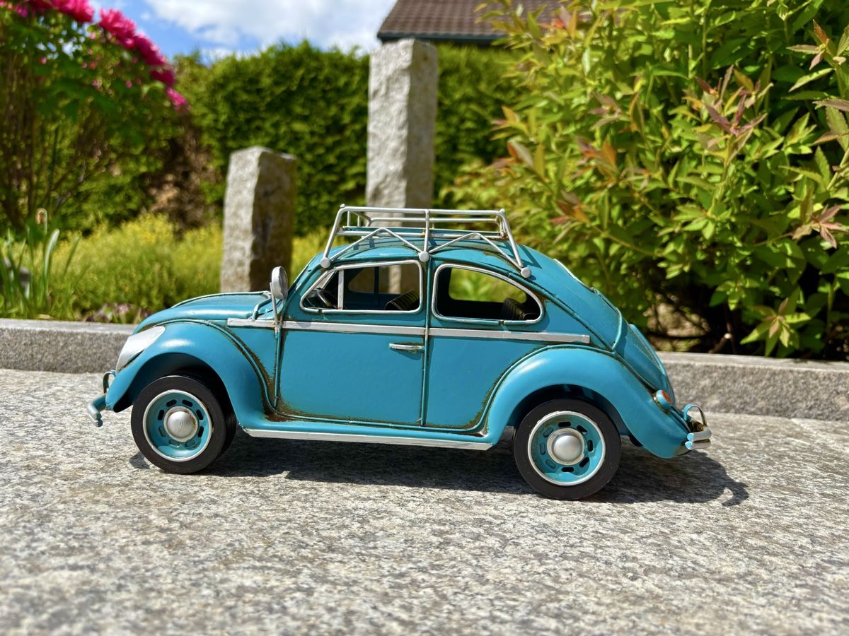 Volkswagen Modellini d'auto: VW Käfer blau aus Blech – Nuovo e nell'imballaggio originale da Langendorf venduto da Blechfahrzeuge 2