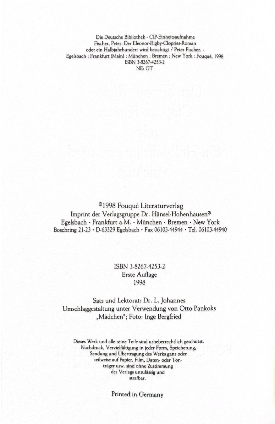 Libri: Fischer Peter, Der Eleonor-Rigby Clopries-Roman – Nuovo (secondo la descrizione) da Sarnen venduto da Livres 2