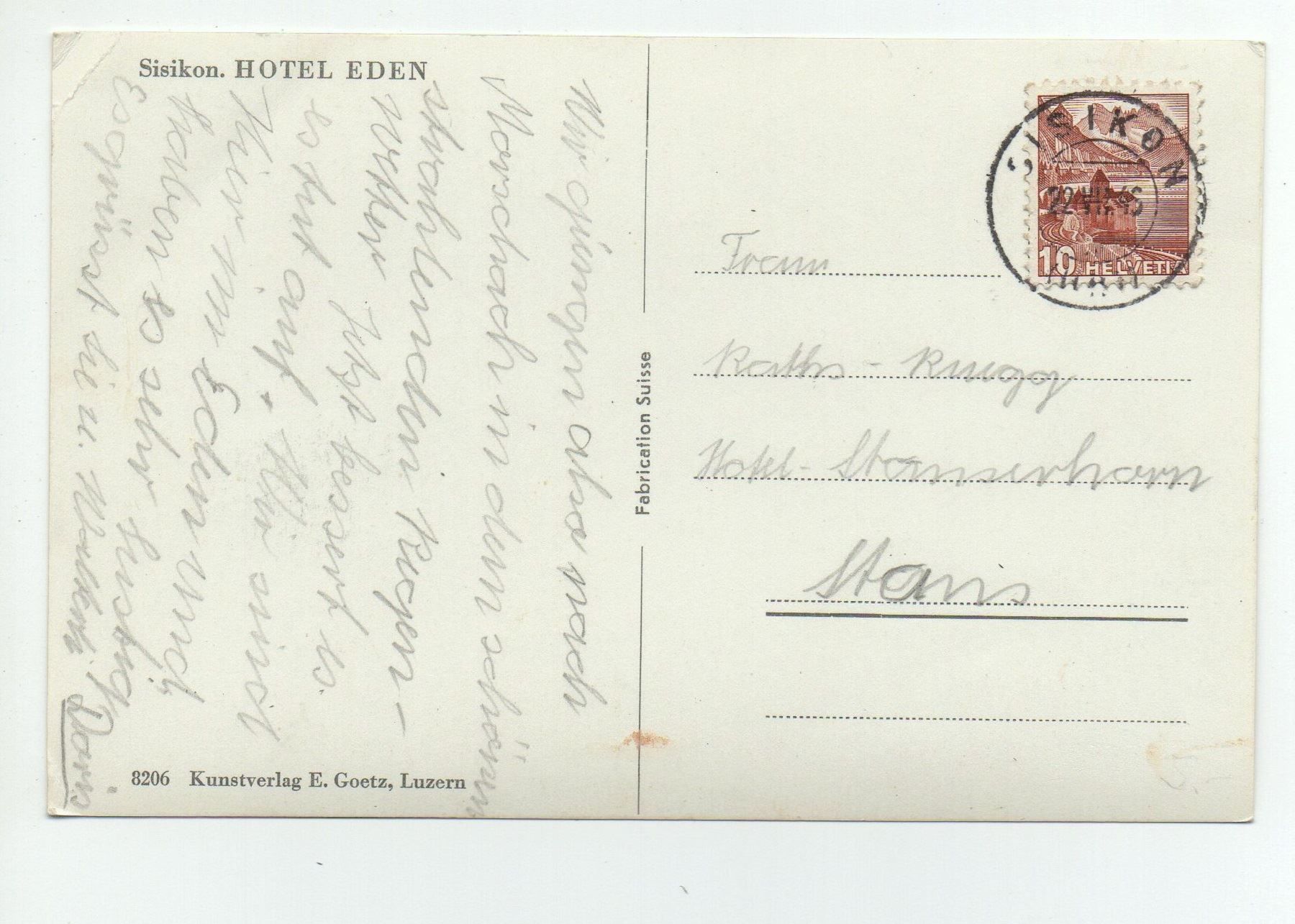Cartoline postali: SISIKON Hotel Eden – Usato da Jona venduto da philajona 1
