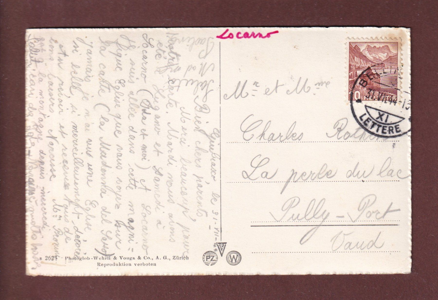 Cartoline postali: LOCARNO - Madonna del Sasso - 1944 – Usato da Pully venduto da nicecards 1
