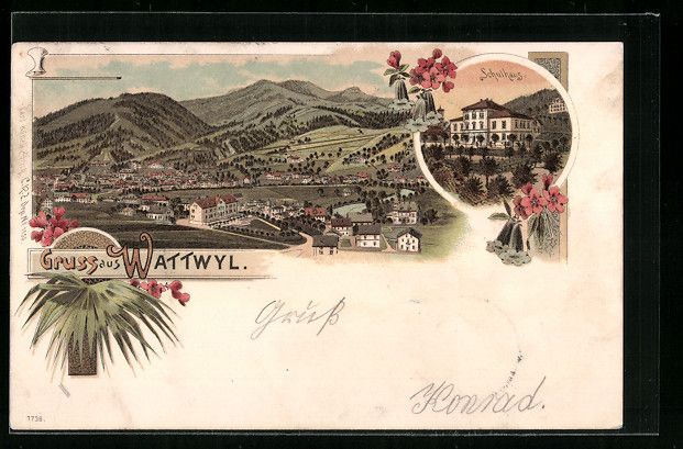 Ansichtskarten: Litho Wattwyl, Ortsansicht mit Schulhaus – Gebraucht aus Berlin von bartko-reher