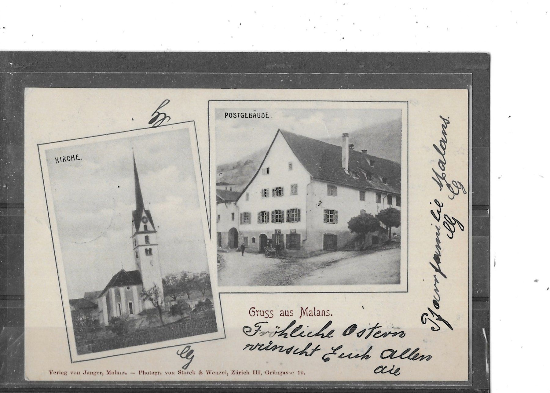 Cartoline postali: GR Gruss aus Malans 1902 mit Kirche und Postgebäude – Usato da Schocherswil venduto da Wilare