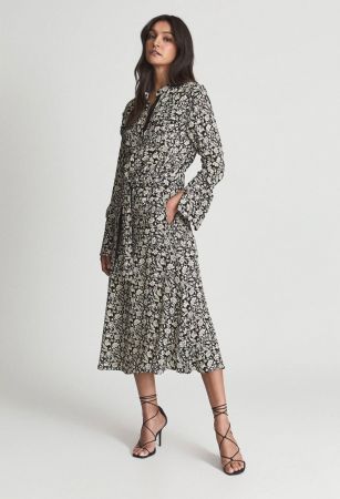 Reiss Sommerkleid mit Blumenmuste 40 schwarz weiss Viskose