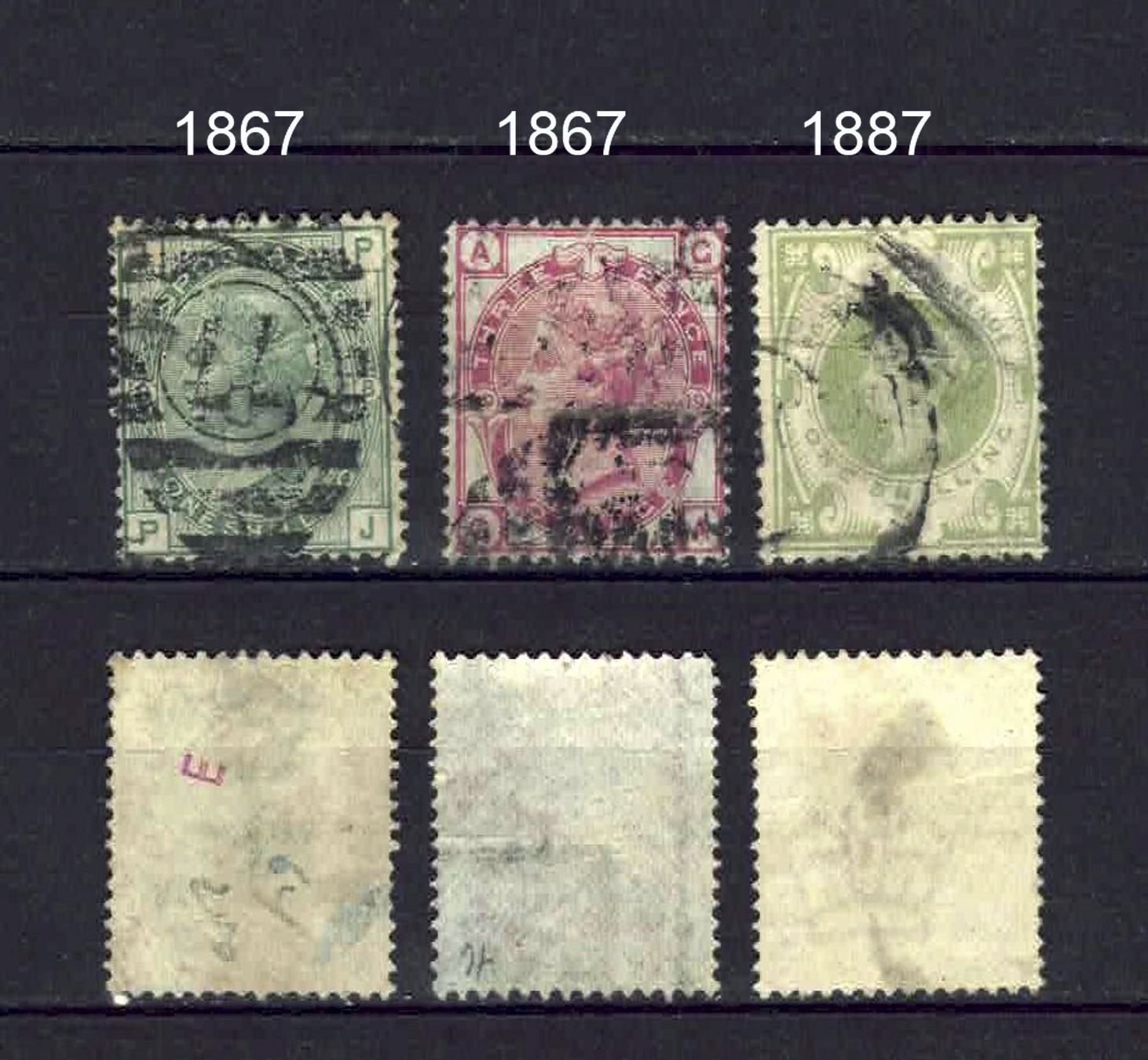 Alle Briefmarken: England 1867 und 1887, 3 Werte gestempelt – Gebraucht aus Basel von Pfefferschootte