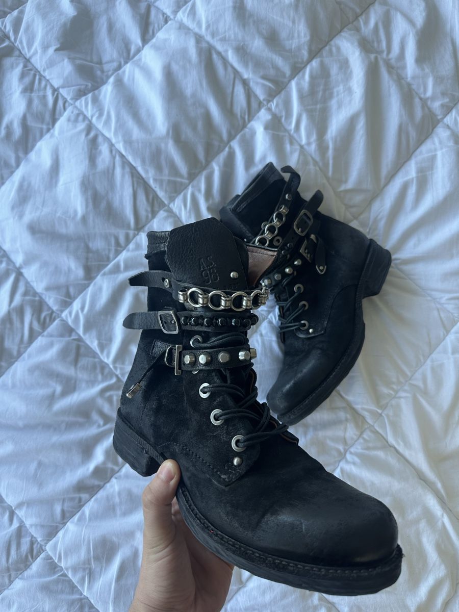 A.S.98 Scarpe da donna: AS 98 Black Leather Boots, Buckles, Chains, Size 39 – Usato da Zürich venduto da megastored 1