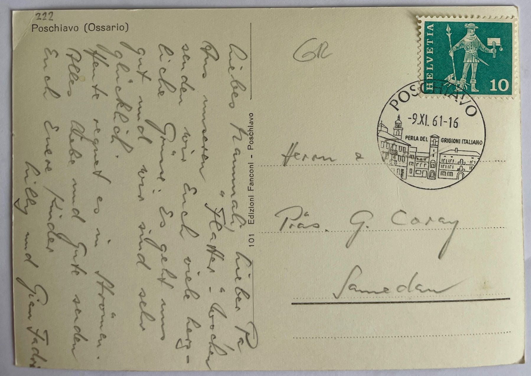 Cartoline postali: POSCHIAVO - Ossario - 1961 – Usato da Lutry venduto da Ediego 1