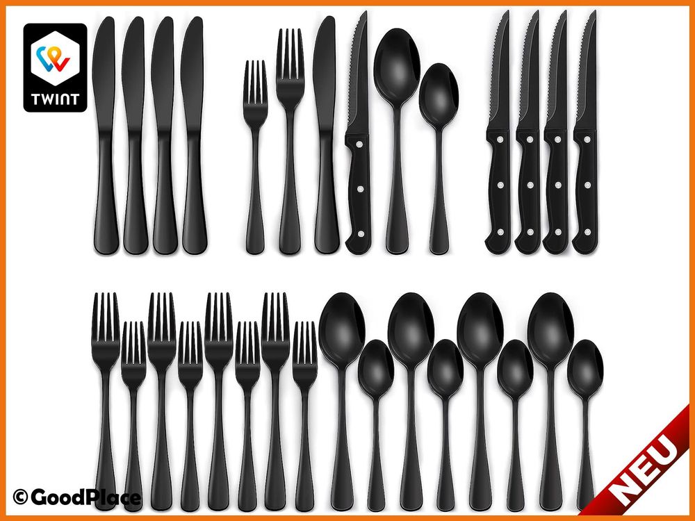 Besteck Set Für 6 Personen, Edelstahl Besteckset Mit Schwarzen