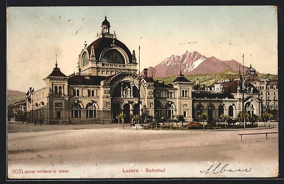 Ansichtskarten: AK Luzern, Bahnhof mit Vorplatz, 1907 – Gebraucht aus Berlin von bartko-reher