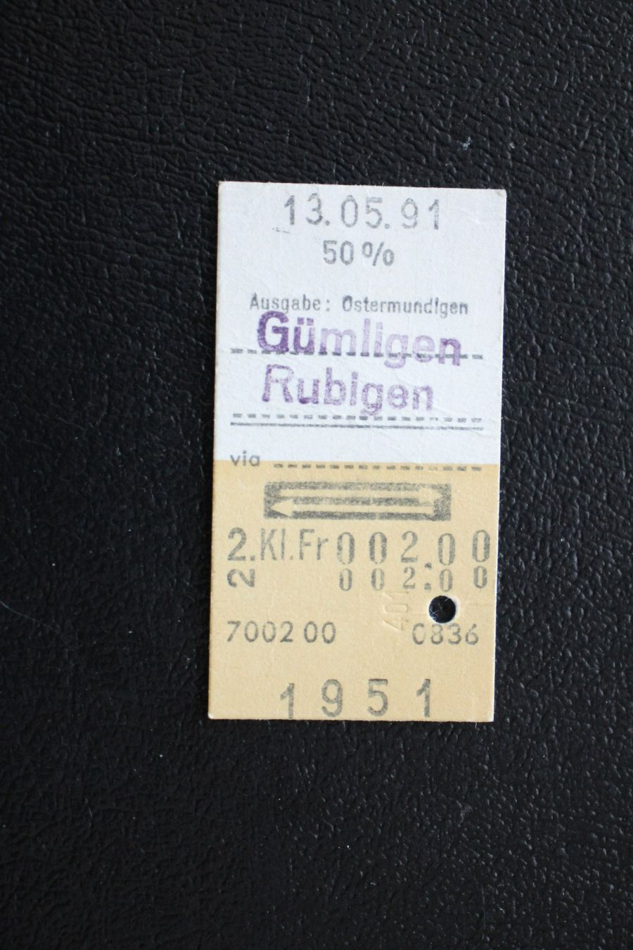 Biglietti: SBB - Billett - Gümligen - Rubigen, 13.05.91 – Usato da Wiedlisbach venduto da han_n6ff