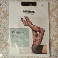 Migros Fashion Strumpfhose "Rosen Muster" 20den Gr.L Schwarz