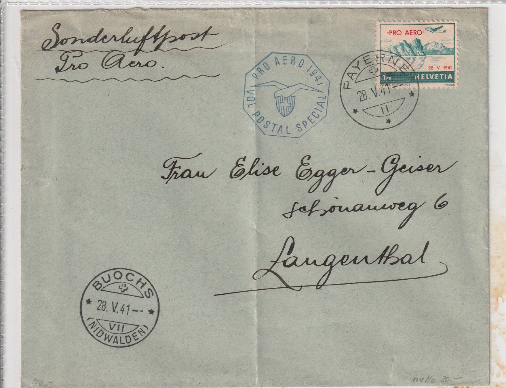 Tutti i francobolli: Flugpost Brief--Payerne-Bouchs-Langenthal-1941 – Usato da uttwil venduto da Koehlerfred