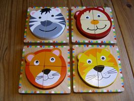 4 x Baby Lagen Puzzle, lustige Tiermotive, je 4 Teile, Holz