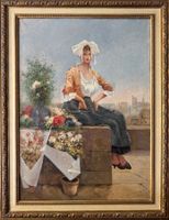 Dipinto antico, olio su tela, Figura femminile e fiori, XIX