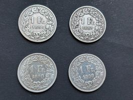 4x 1 Franken silber 1886, 1887, 1898 und 1899