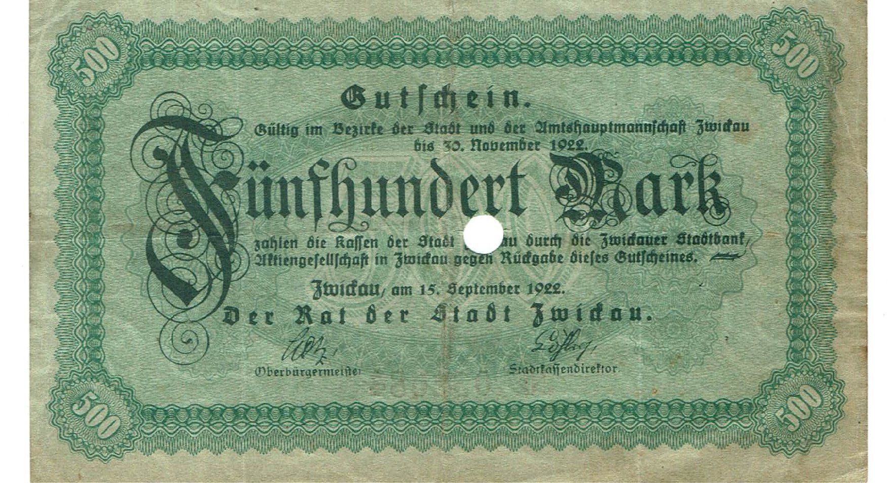 Banconote: Zwickau 500 Mark 15.09.1922 SS++-VZ – Usato da Steffisburg venduto da ber_8htf