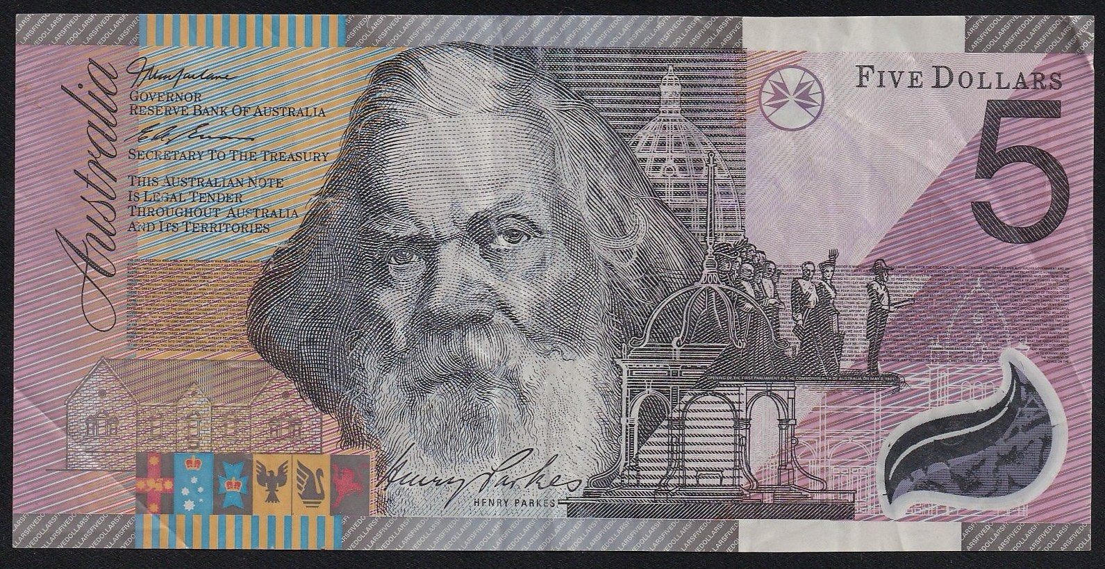 Banconote: Australien 5 Dollars 2001 Commemorative – Usato da Brugg AG venduto da banknoten_muesli
