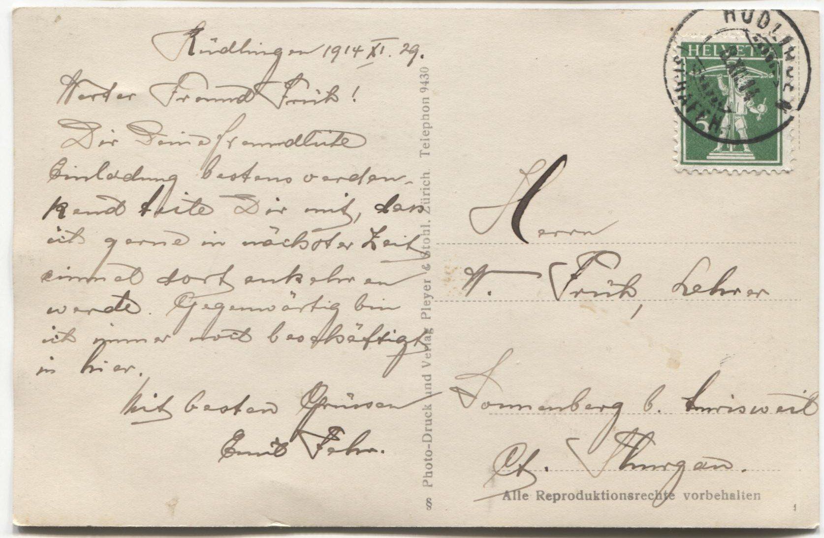 Ansichtskarten: RUEDLINGEN SH 1914 – Gebraucht aus Wil SG von Clanx 1