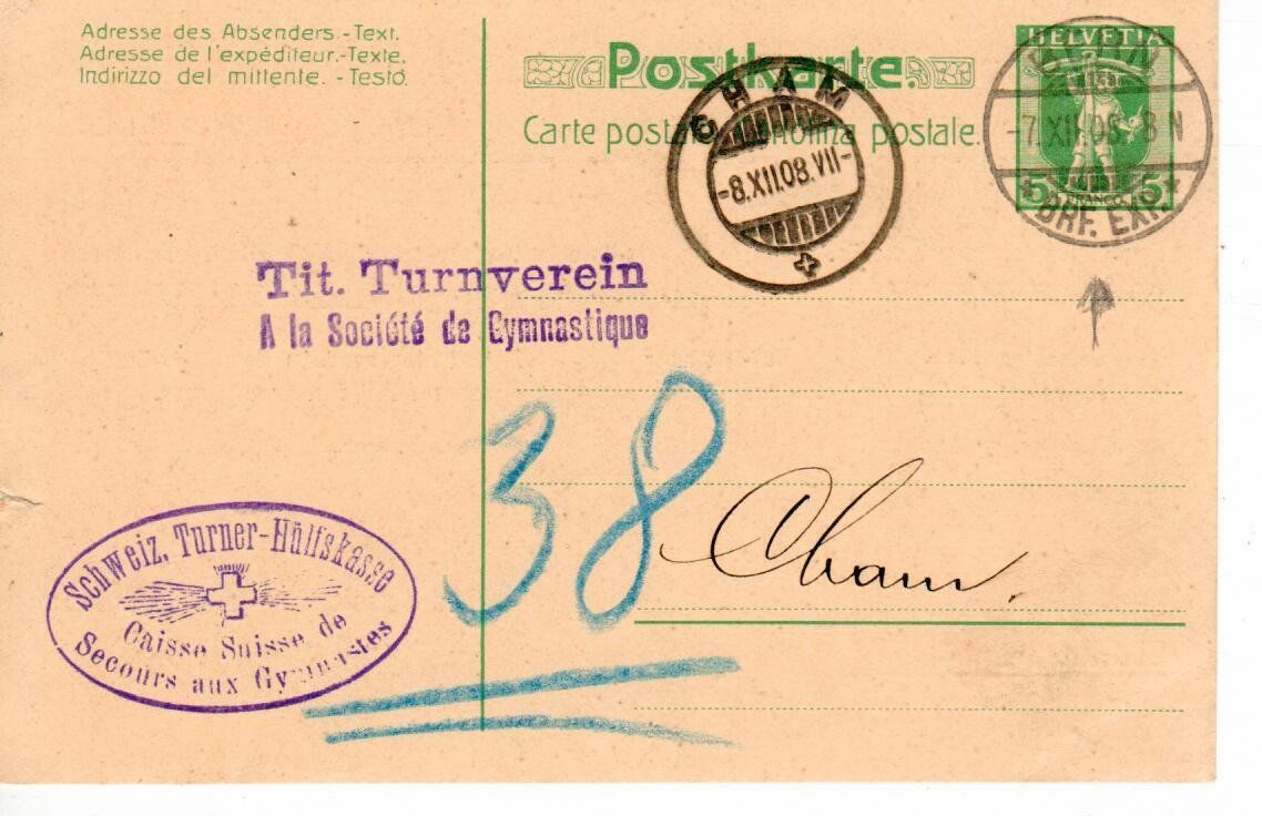 Tutti i francobolli: PK, Schweiz, Turner Hülfskasse 1908 – Usato da Wolhusen venduto da Curver9