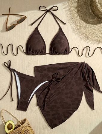 NEU Dunkelbrauner Bikini und Rock mit Blumenmuster, Grösse M