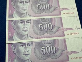 Belgrad 1992 - Jugoslawien 3 x 500 Dinara UNC