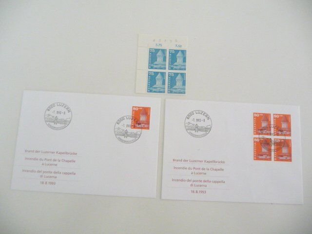 Alle Briefmarken: Kapellbrücke Luzern  /  W366 Viererblock postfrisch  + 2 FDC – Neu und originalverpackt aus Kloten von zimboida