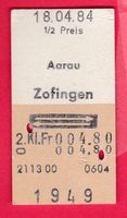 KARTON BILLETT, AARAU - ZOFINGEN, 2.KLASSE, RETOUR, HALBTAX