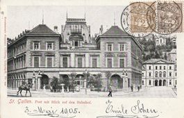 St.Gallen-Post mit Blick auf den Bahnhof,gute Frankatur 1905