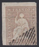 1856 Zunr. 22F 5Rp. Eckrandstück, dünnes Papier, Luxusstück