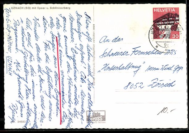 Cartoline postali: Uznach /SG, Ortsansicht mit Speer und Sc – Usato da Berlin venduto da bartko-reher 1