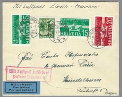 1934, LUFTPOST ZÜRICH-MÜNCHEN (ANK.-0), SCHÖNE FRANKATUR PJ+